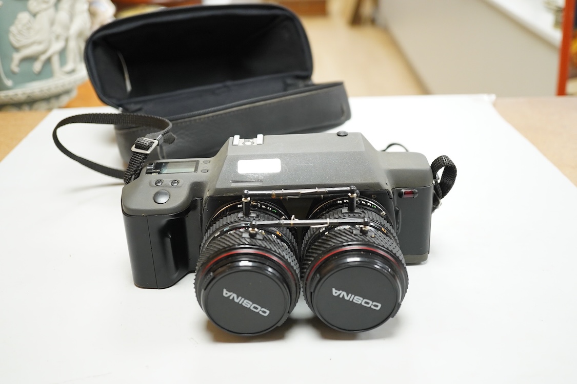 An RBT 3D X2 stereo camera, 35mm with full frame images, based on two KR-10M SLR's woth Aettl metering coupled with Tokina 28-70mm f3.5- 4.5 zoom lenses, in a fitted leatherette case